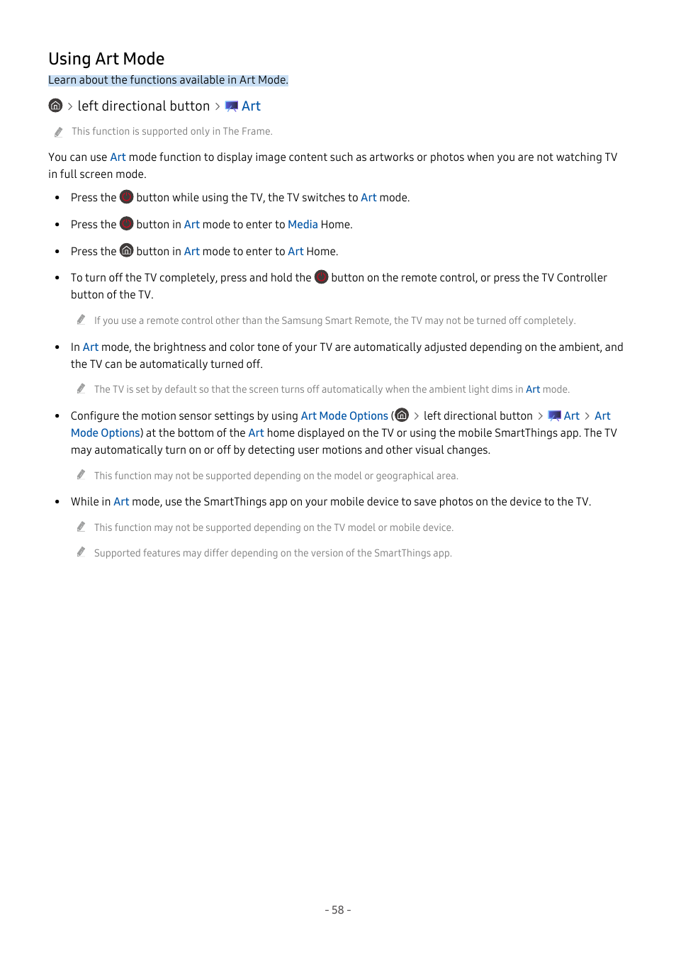 Using art mode, 58 using art mode, For more information, refer to "using art mode | Samsung S95C 77" 4K HDR Quantum Dot OLED TV User Manual | Page 58 / 272
