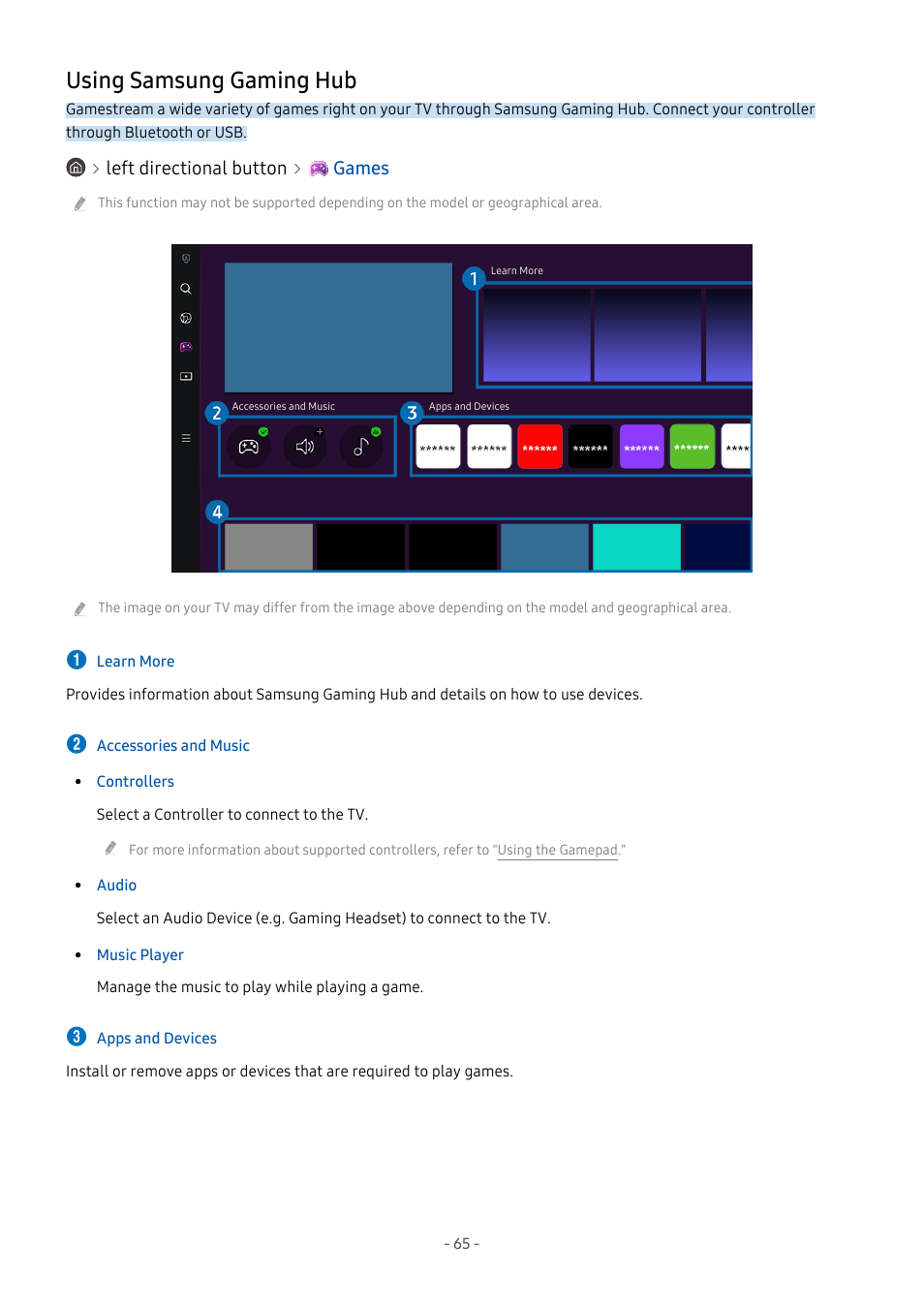 Using samsung gaming hub, 65 using samsung gaming hub | Samsung S95C 77" 4K HDR Quantum Dot OLED TV User Manual | Page 65 / 272