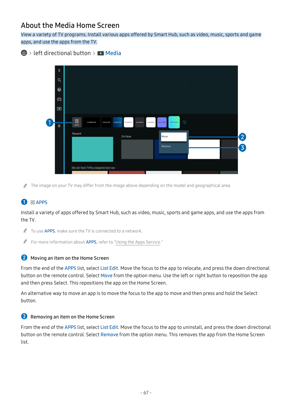 About the media home screen, 67 about the media home screen, Left directional button media | Samsung S95C 77" 4K HDR Quantum Dot OLED TV User Manual | Page 67 / 272