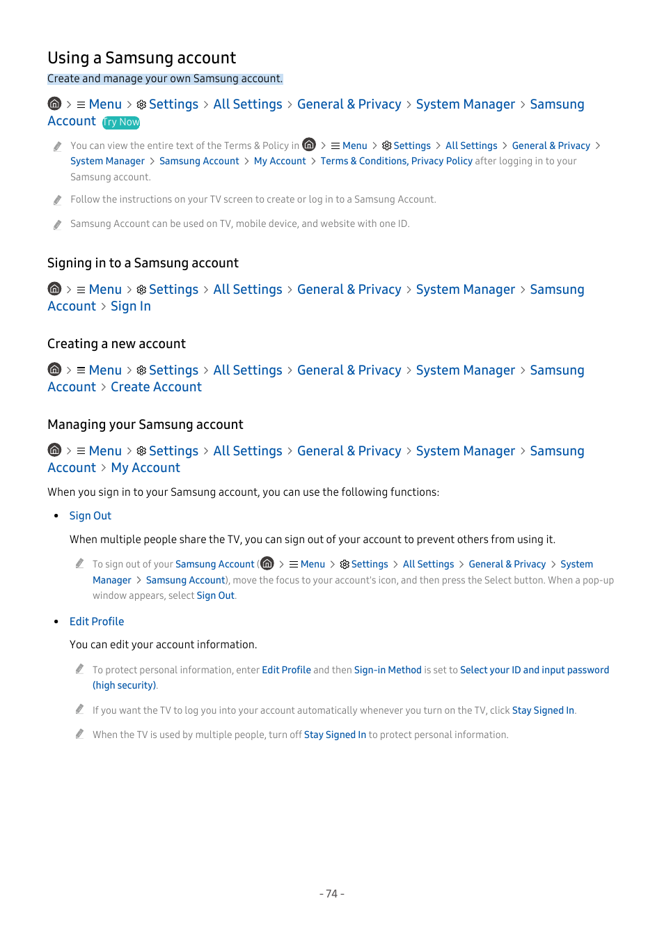 Using a samsung account, Signing in to a samsung account, Creating a new account | Managing your samsung account, 74 using a samsung account | Samsung S95C 77" 4K HDR Quantum Dot OLED TV User Manual | Page 74 / 272