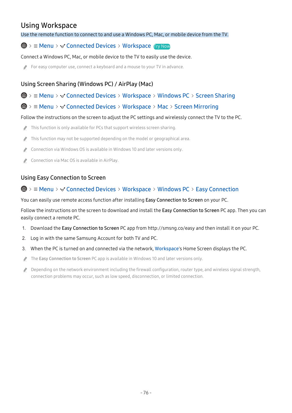 Using workspace, Using screen sharing (windows pc) / airplay (mac), Using easy connection to screen | 76 using workspace | Samsung S95C 77" 4K HDR Quantum Dot OLED TV User Manual | Page 76 / 272