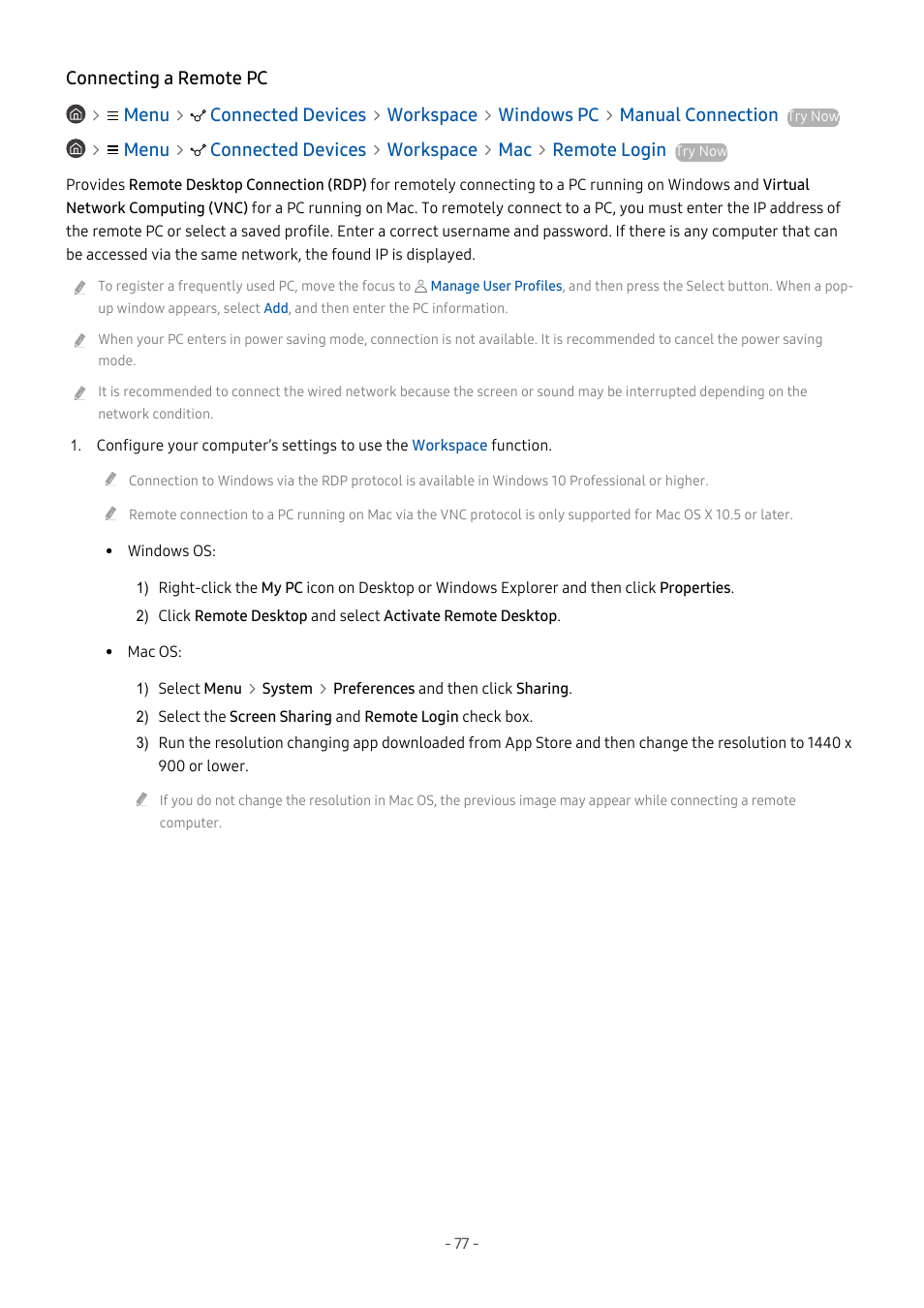 Connecting a remote pc | Samsung S95C 77" 4K HDR Quantum Dot OLED TV User Manual | Page 77 / 272