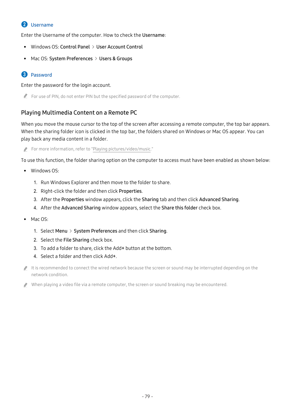 Playing multimedia content on a remote pc | Samsung S95C 77" 4K HDR Quantum Dot OLED TV User Manual | Page 79 / 272