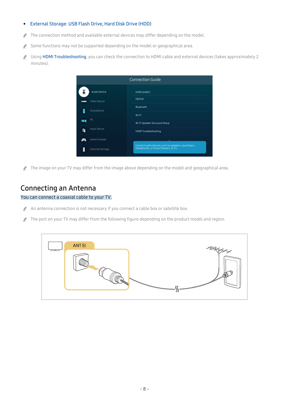 Connecting an antenna, You can connect a coaxial cable to your tv | Samsung S95C 77" 4K HDR Quantum Dot OLED TV User Manual | Page 8 / 272