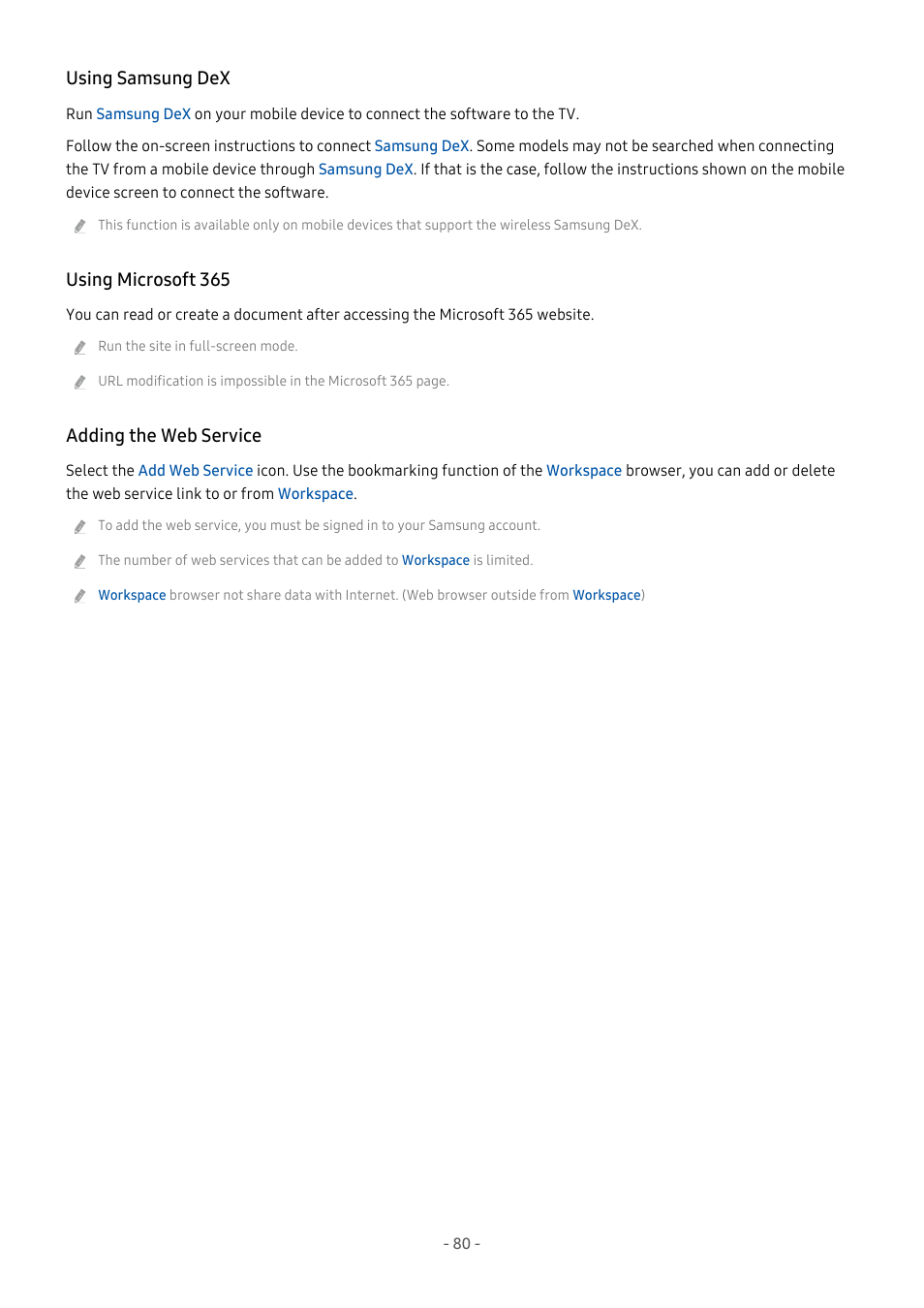 Using samsung dex, Using microsoft 365, Adding the web service | Samsung S95C 77" 4K HDR Quantum Dot OLED TV User Manual | Page 80 / 272