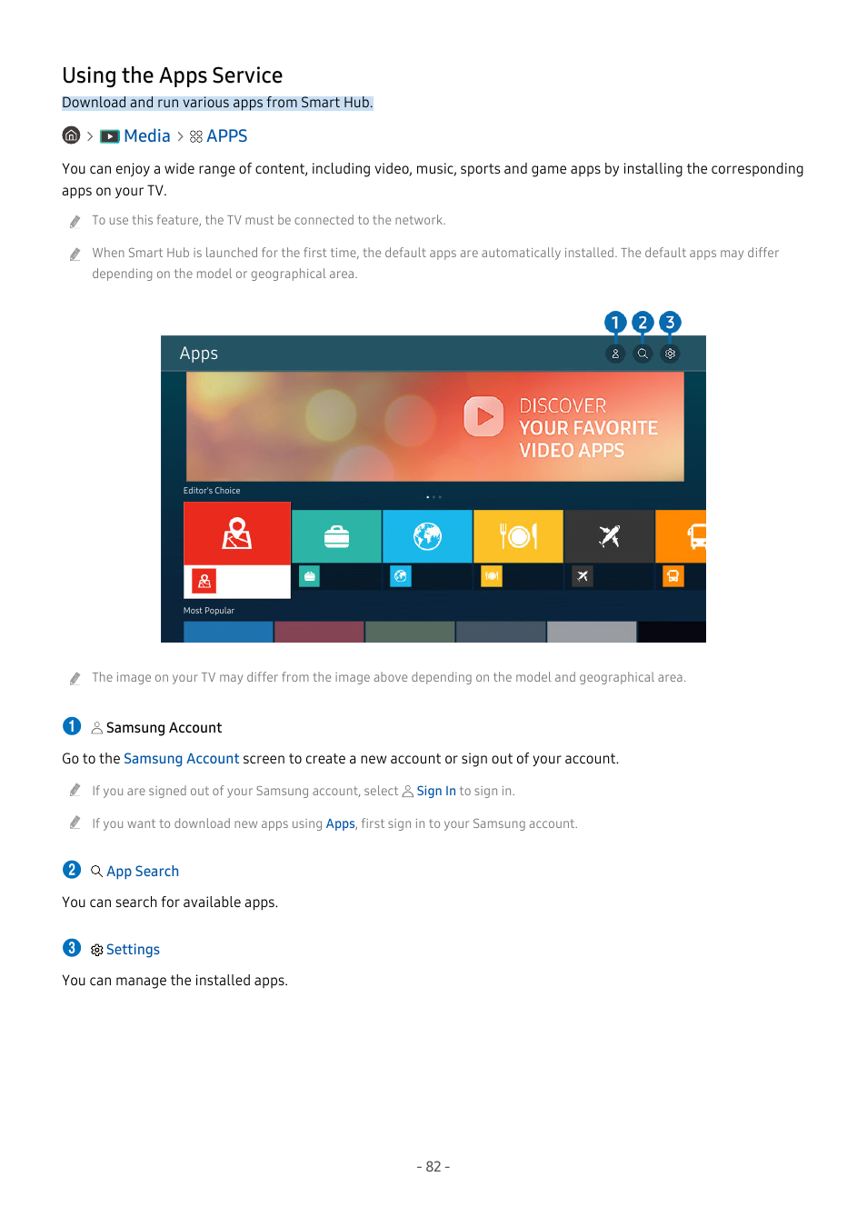 Using the apps service, 82 using the apps service | Samsung S95C 77" 4K HDR Quantum Dot OLED TV User Manual | Page 82 / 272