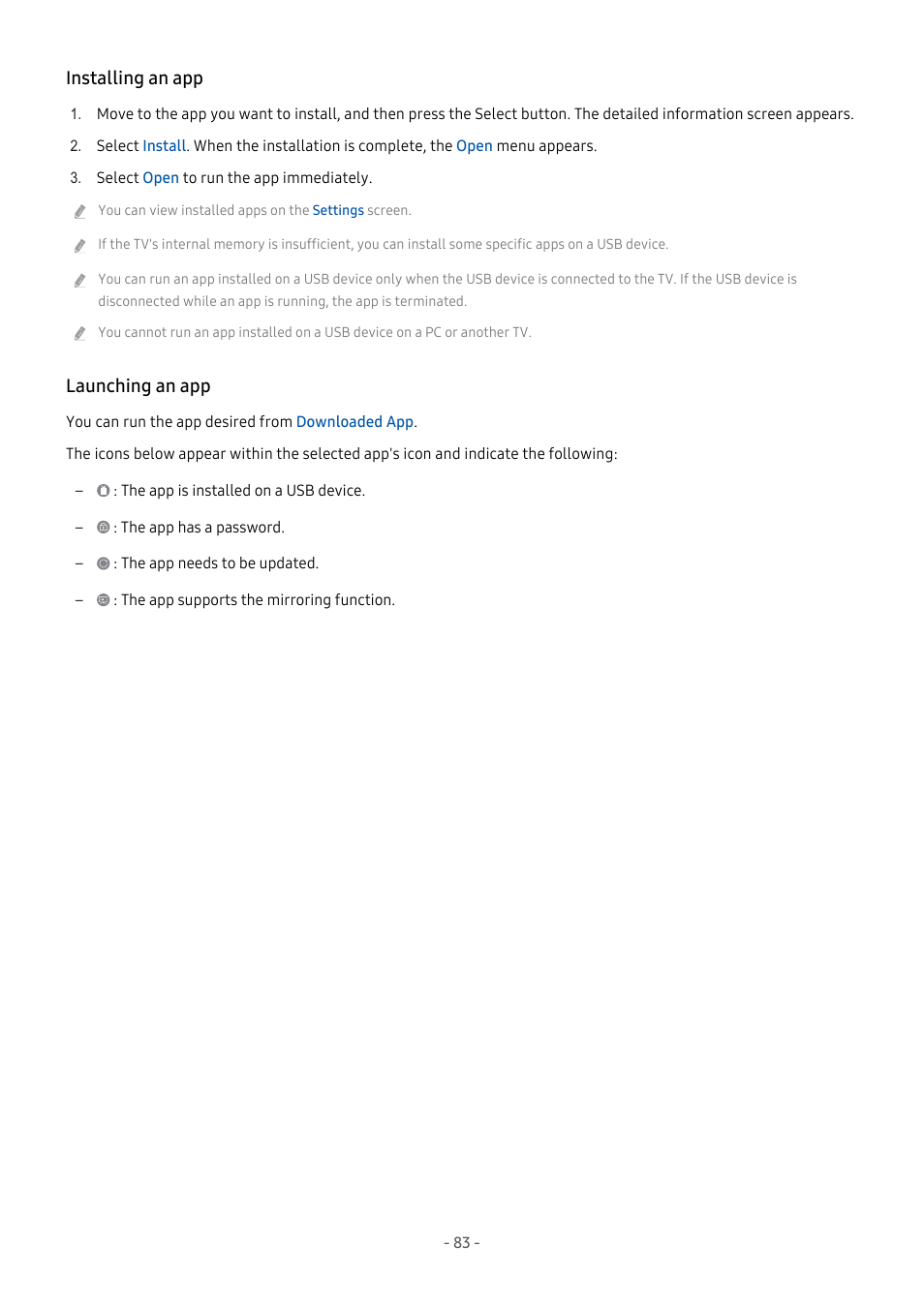 Installing an app, Launching an app | Samsung S95C 77" 4K HDR Quantum Dot OLED TV User Manual | Page 83 / 272