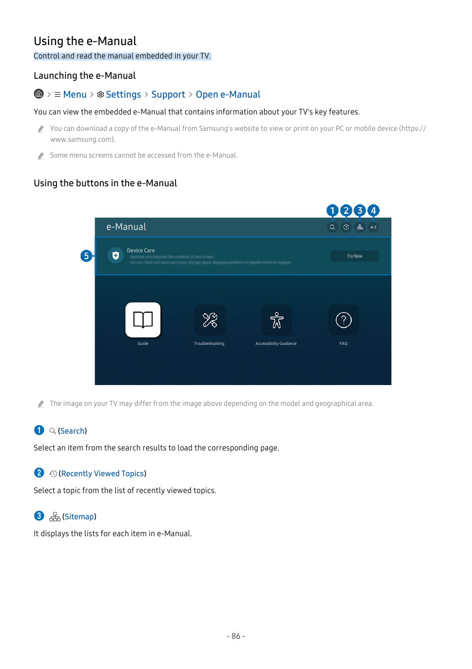 Using the e-manual, Launching the e-manual, Using the buttons in the e-manual | 86 using the e-manual | Samsung S95C 77" 4K HDR Quantum Dot OLED TV User Manual | Page 86 / 272