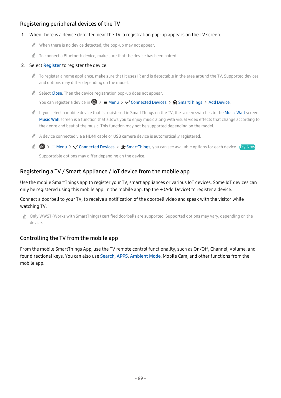 Registering peripheral devices of the tv, Controlling the tv from the mobile app | Samsung S95C 77" 4K HDR Quantum Dot OLED TV User Manual | Page 89 / 272