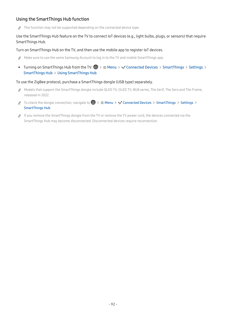 Using the smartthings hub function | Samsung S95C 77" 4K HDR Quantum Dot OLED TV User Manual | Page 92 / 272