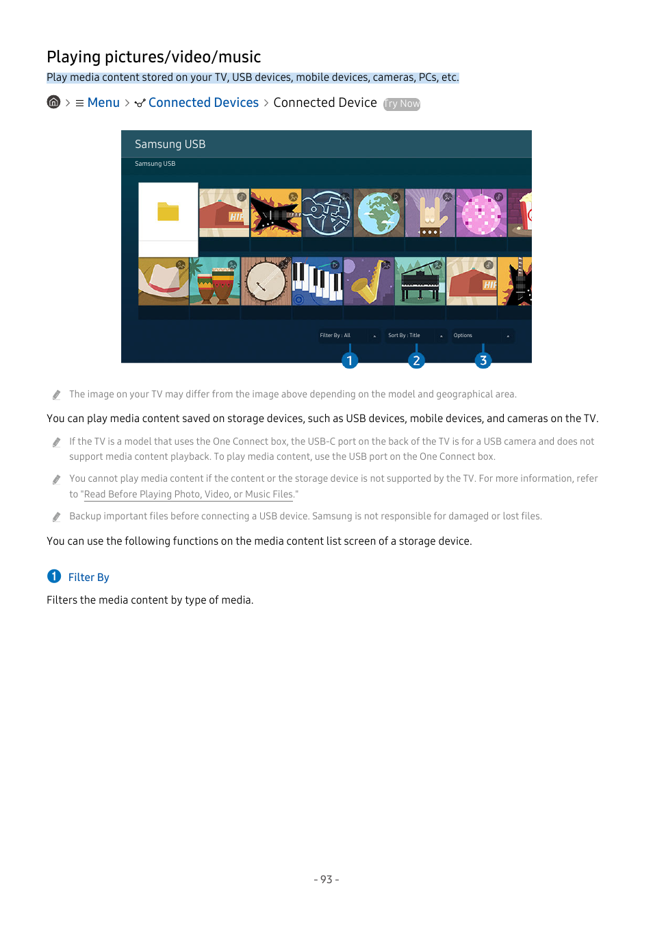 Playing pictures/video/music, 93 playing pictures/video/music, Menu connected devices connected device | Samsung S95C 77" 4K HDR Quantum Dot OLED TV User Manual | Page 93 / 272