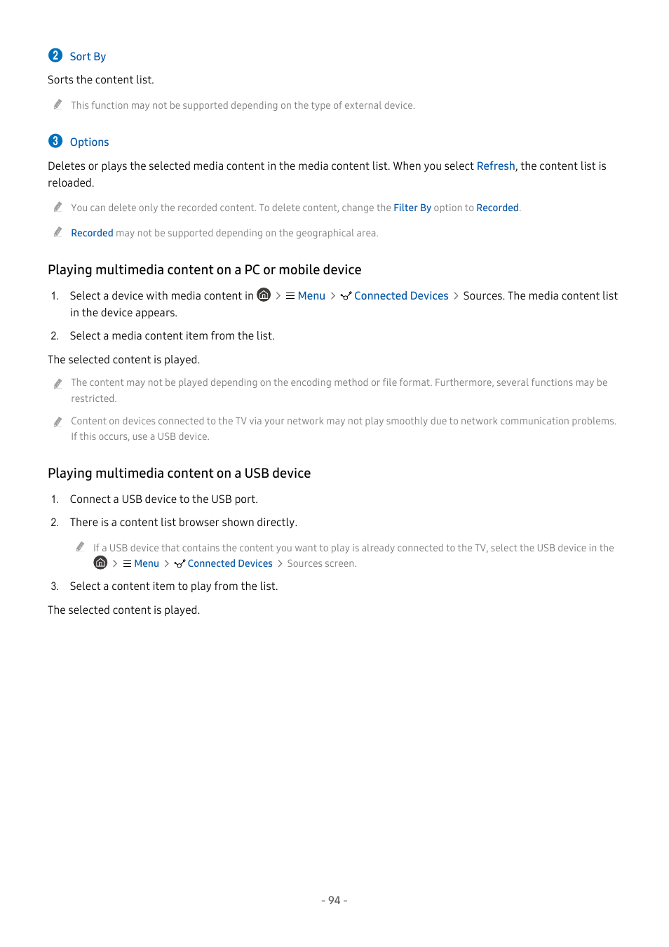 Playing multimedia content on a usb device | Samsung S95C 77" 4K HDR Quantum Dot OLED TV User Manual | Page 94 / 272