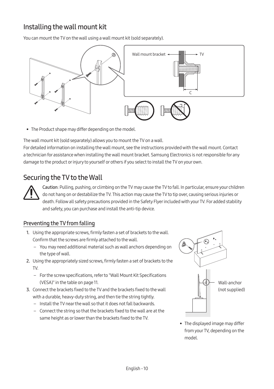 Installing the wall mount kit, Securing the tv to the wall, Preventing the tv from falling | Samsung AU8000 55" UHD 4K HDR Hospitality TV User Manual | Page 10 / 58