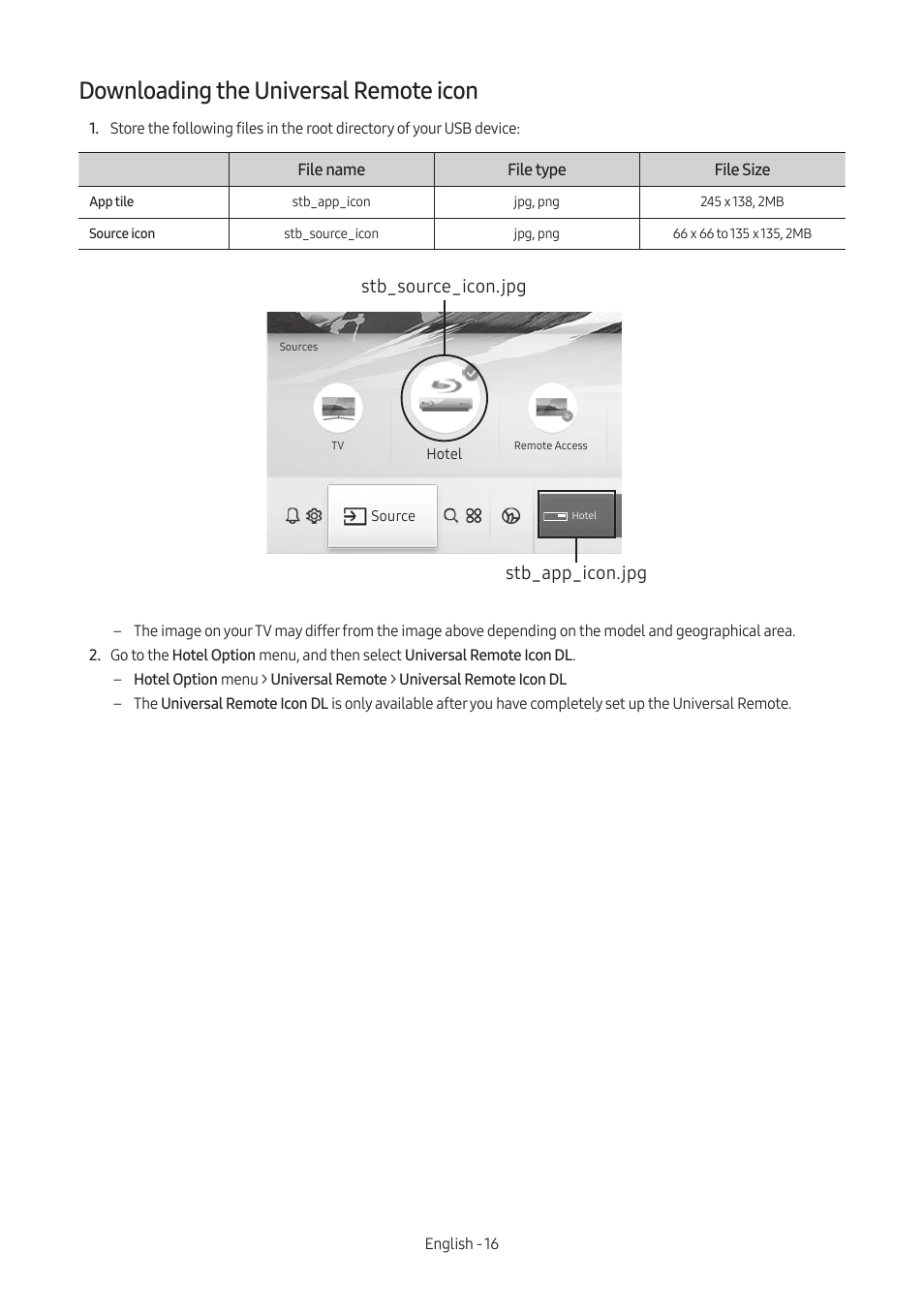 Downloading the universal remote icon, Downloading the, Universal remote icon | Stb_source_icon.jpg stb_app_icon.jpg | Samsung AU8000 55" UHD 4K HDR Hospitality TV User Manual | Page 16 / 58