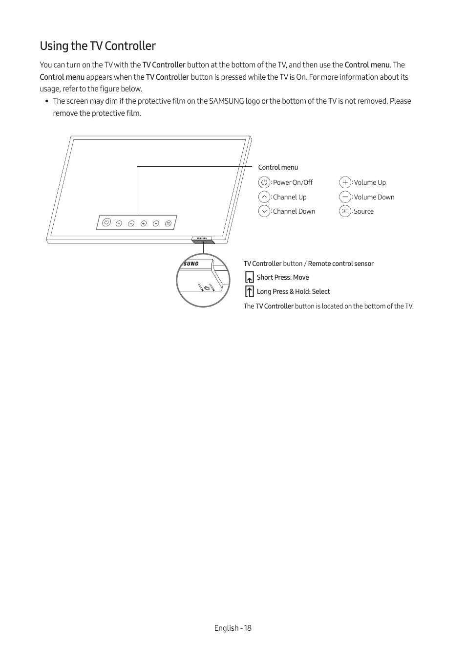 Using the tv controller | Samsung AU8000 55" UHD 4K HDR Hospitality TV User Manual | Page 18 / 58