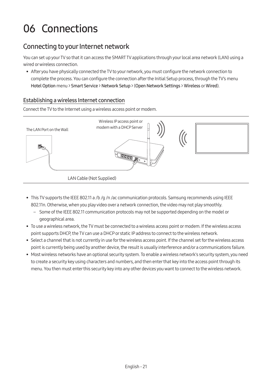 06 connections, Connecting to your internet network, Establishing a wireless internet connection | Connections | Samsung AU8000 55" UHD 4K HDR Hospitality TV User Manual | Page 21 / 58