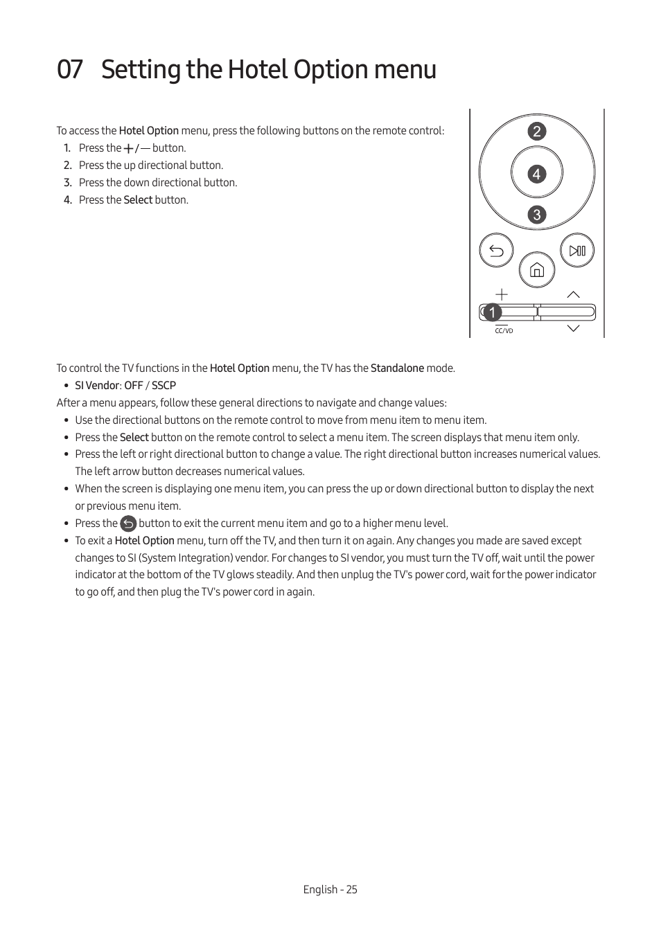 07 setting the hotel option menu, Setting the hotel option menu | Samsung AU8000 55" UHD 4K HDR Hospitality TV User Manual | Page 25 / 58