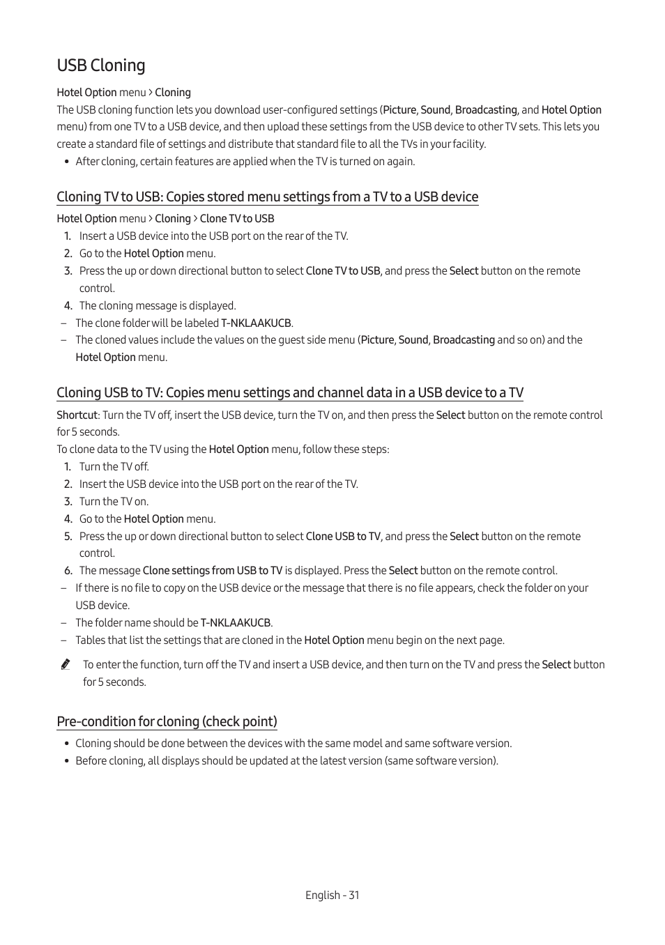 Usb cloning, Pre-condition for cloning (check point) | Samsung AU8000 55" UHD 4K HDR Hospitality TV User Manual | Page 31 / 58