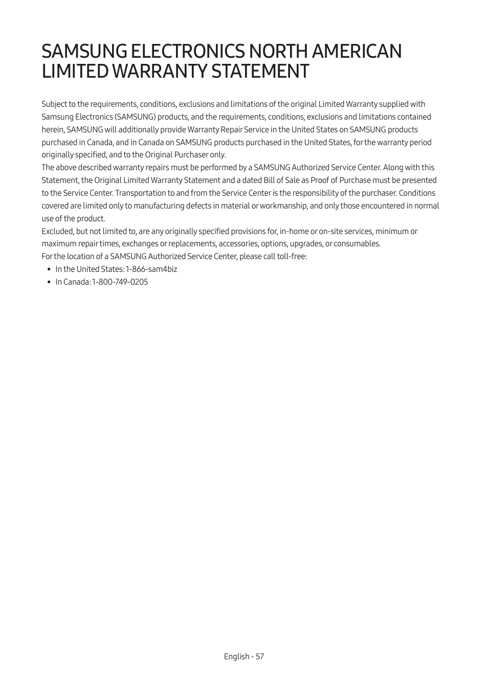 Samsung electronics north american limited, Warranty statement | Samsung AU8000 55" UHD 4K HDR Hospitality TV User Manual | Page 57 / 58