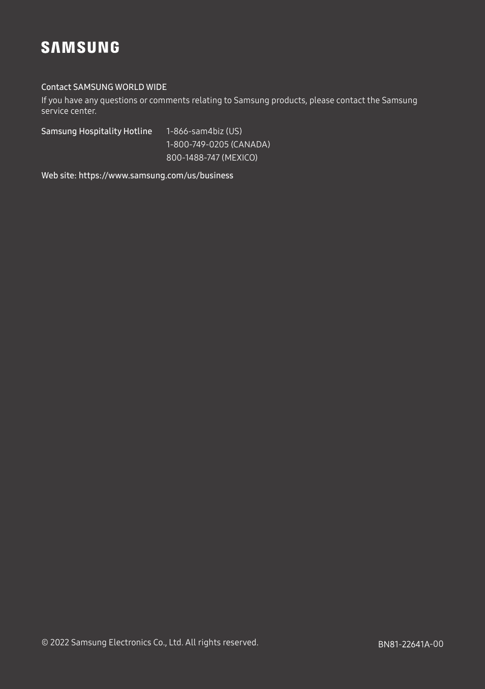Samsung AU8000 55" UHD 4K HDR Hospitality TV User Manual | Page 58 / 58