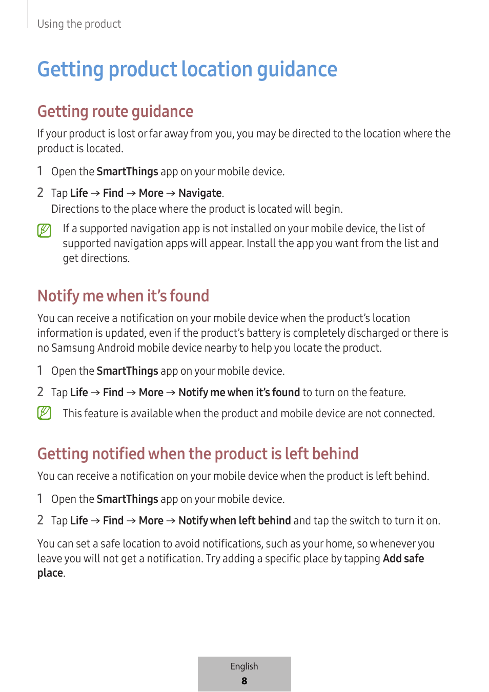 Notify me when it’s, Found, Getting product location guidance | Getting route guidance, Notify me when it’s found, Getting notified when the product is left behind | Samsung SmartTag2 Wireless Tracker (White) User Manual | Page 10 / 798