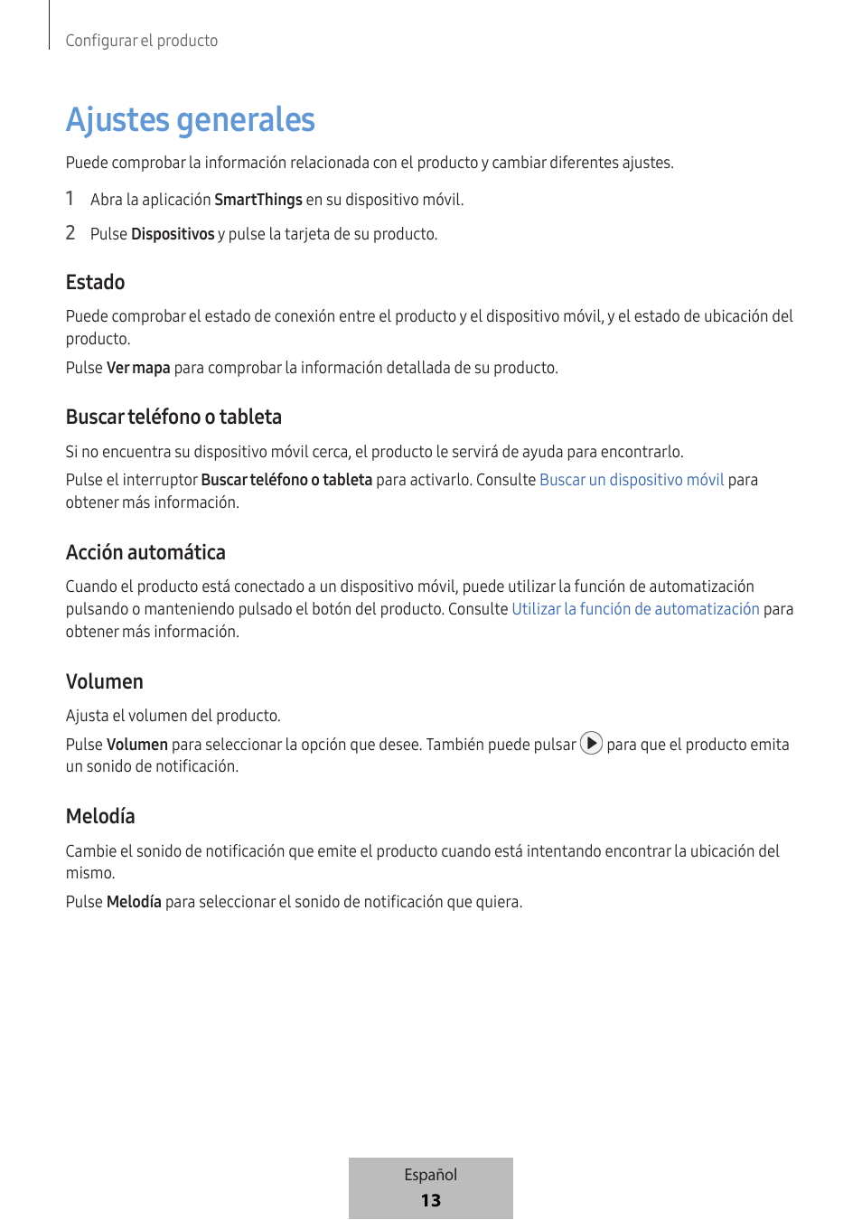 Ajustes generales, Estado, Buscar teléfono o tableta | Acción automática, Volumen, Melodía | Samsung SmartTag2 Wireless Tracker (White) User Manual | Page 103 / 798