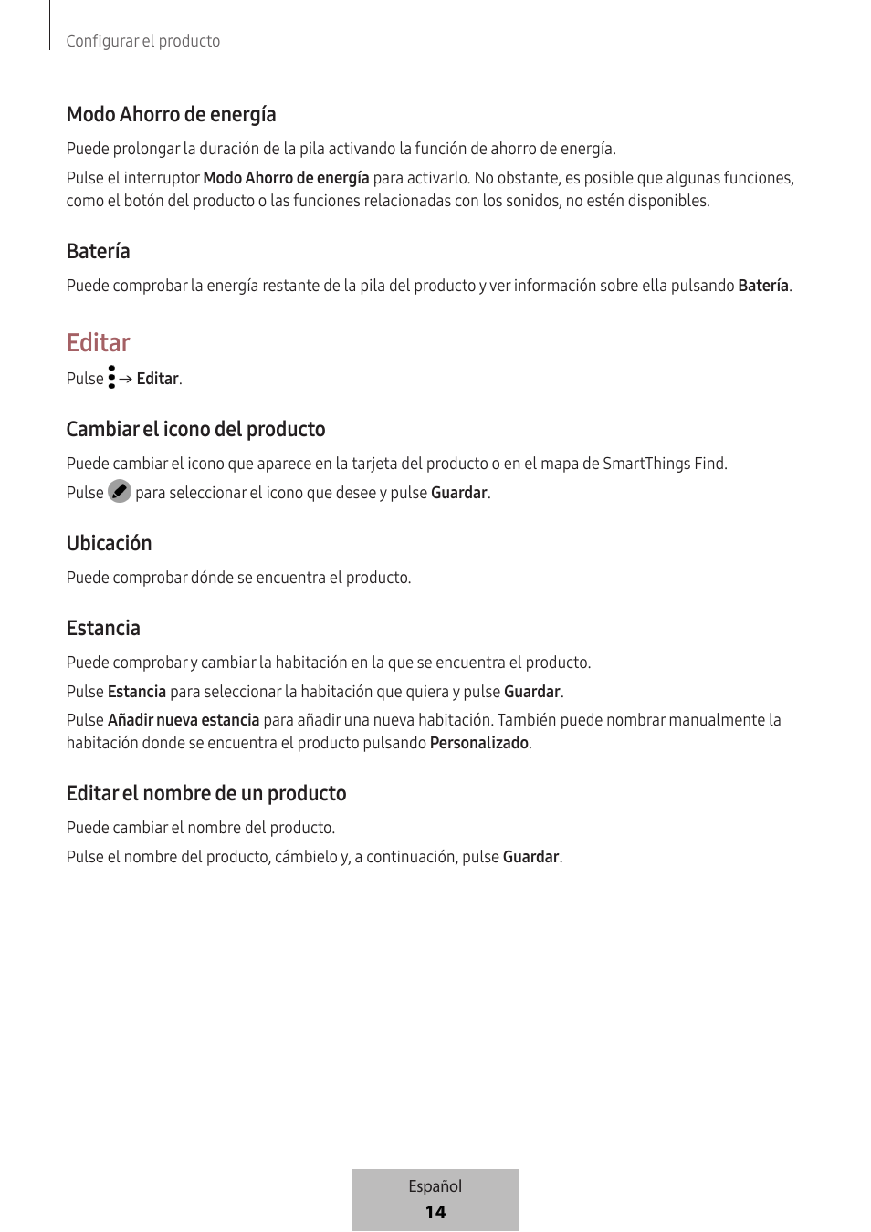 Editar, Modo ahorro de energía, Batería | Cambiar el icono del producto, Ubicación, Estancia, Editar el nombre de un producto | Samsung SmartTag2 Wireless Tracker (White) User Manual | Page 104 / 798