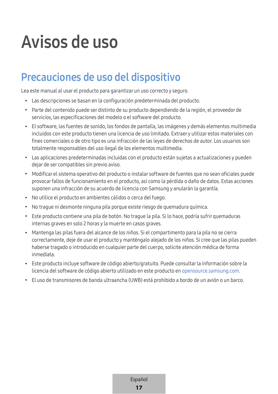 Avisos de uso, Precauciones de uso del dispositivo | Samsung SmartTag2 Wireless Tracker (White) User Manual | Page 107 / 798