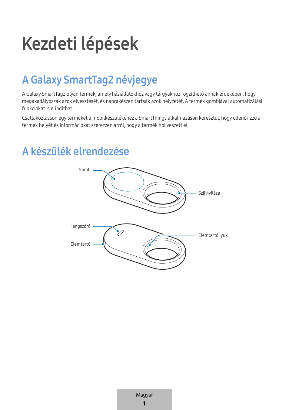 Magyar, Kezdeti lépések, A galaxy smarttag2 névjegye | A készülék elrendezése | Samsung SmartTag2 Wireless Tracker (White) User Manual | Page 113 / 798