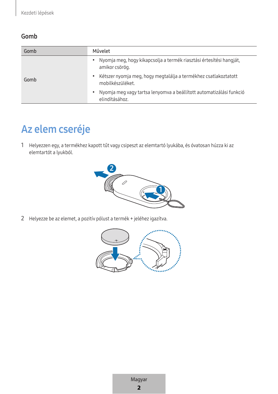 Az elem cseréje, 2gomb | Samsung SmartTag2 Wireless Tracker (White) User Manual | Page 114 / 798