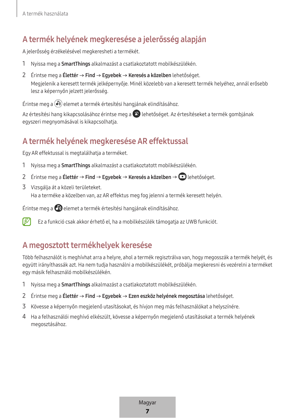 A termék helyének megkeresése a jelerősség alapján, A termék helyének megkeresése ar effektussal, A megosztott termékhelyek keresése | Samsung SmartTag2 Wireless Tracker (White) User Manual | Page 119 / 798