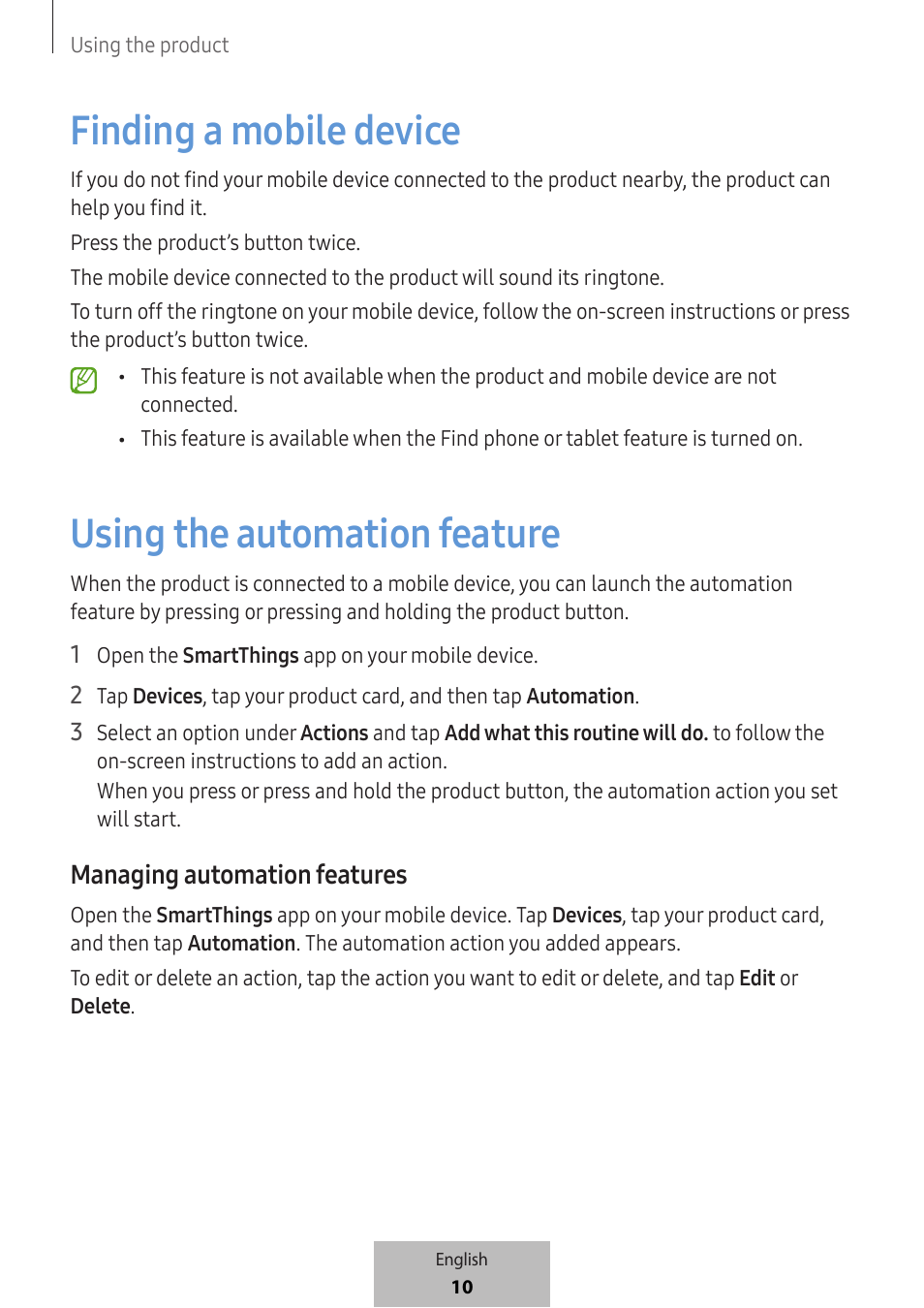 Finding a mobile device, Using the automation feature, Managing automation features | Samsung SmartTag2 Wireless Tracker (White) User Manual | Page 12 / 798