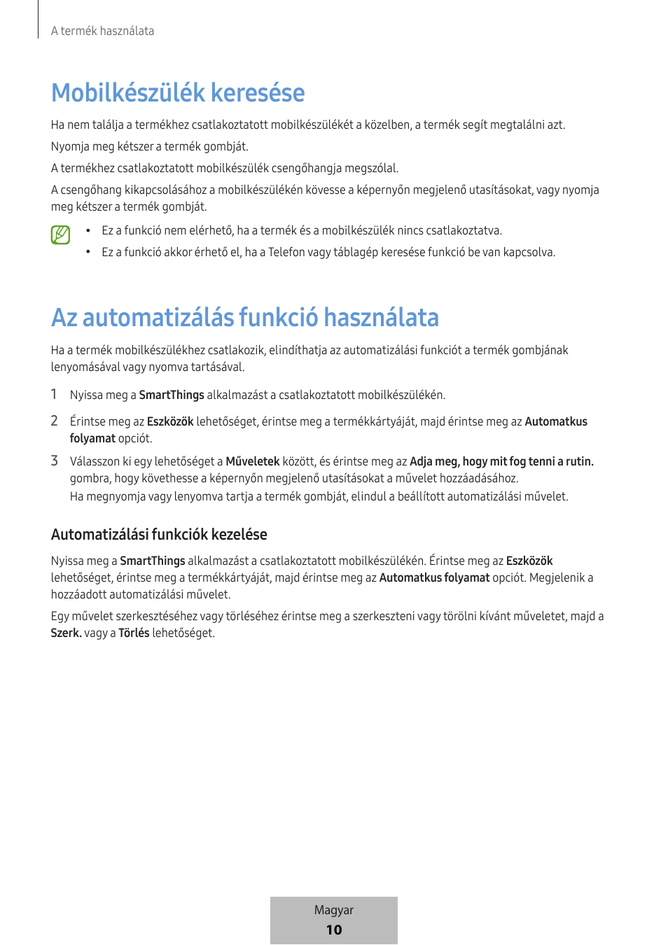 Mobilkészülék keresése, Az automatizálás funkció használata, Automatizálási funkciók kezelése | Samsung SmartTag2 Wireless Tracker (White) User Manual | Page 122 / 798