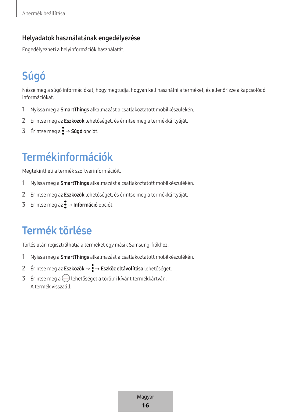 Súgó, Termékinformációk, Termék törlése | 16 helyadatok használatának engedélyezése | Samsung SmartTag2 Wireless Tracker (White) User Manual | Page 128 / 798