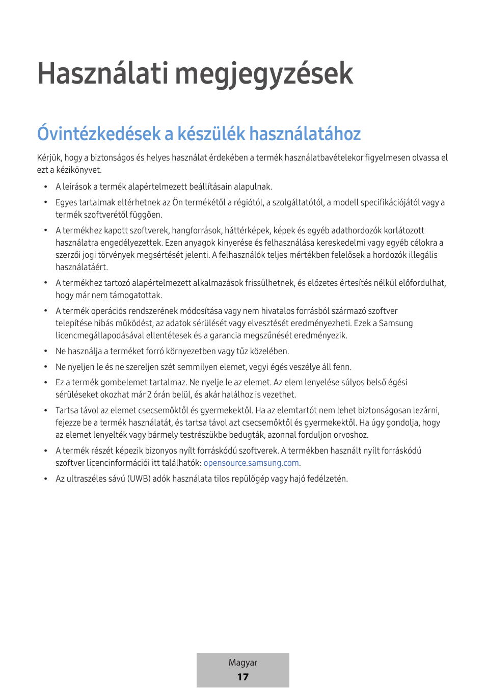 Használati megjegyzések, Óvintézkedések a készülék használatához | Samsung SmartTag2 Wireless Tracker (White) User Manual | Page 129 / 798