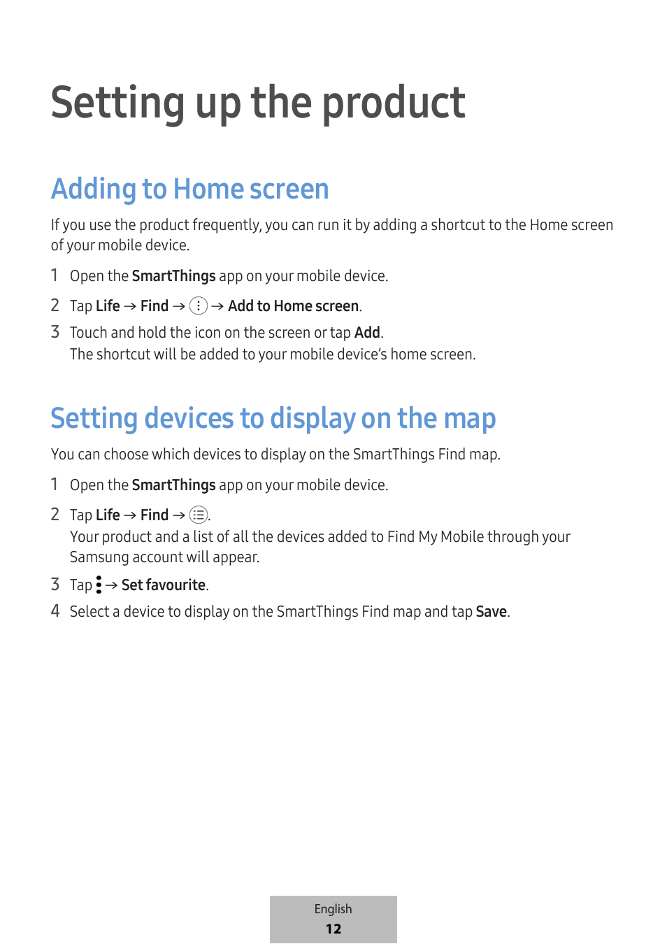 Setting up the product, Adding to home screen, Setting devices to display on the map | Samsung SmartTag2 Wireless Tracker (White) User Manual | Page 14 / 798