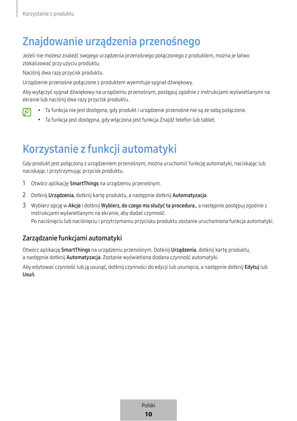 Znajdowanie urządzenia przenośnego, Korzystanie z funkcji automatyki, Zarządzanie funkcjami automatyki | Samsung SmartTag2 Wireless Tracker (White) User Manual | Page 144 / 798