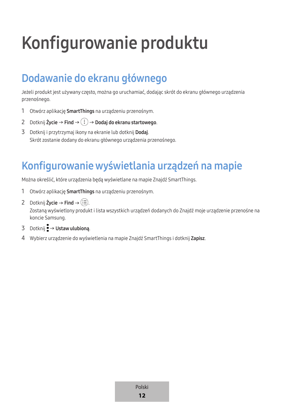 Konfigurowanie produktu, Dodawanie do ekranu głównego, Konfigurowanie wyświetlania urządzeń na mapie | Samsung SmartTag2 Wireless Tracker (White) User Manual | Page 146 / 798