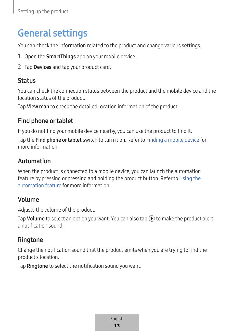 General settings, Status, Find phone or tablet | Automation, Volume, Ringtone | Samsung SmartTag2 Wireless Tracker (White) User Manual | Page 15 / 798