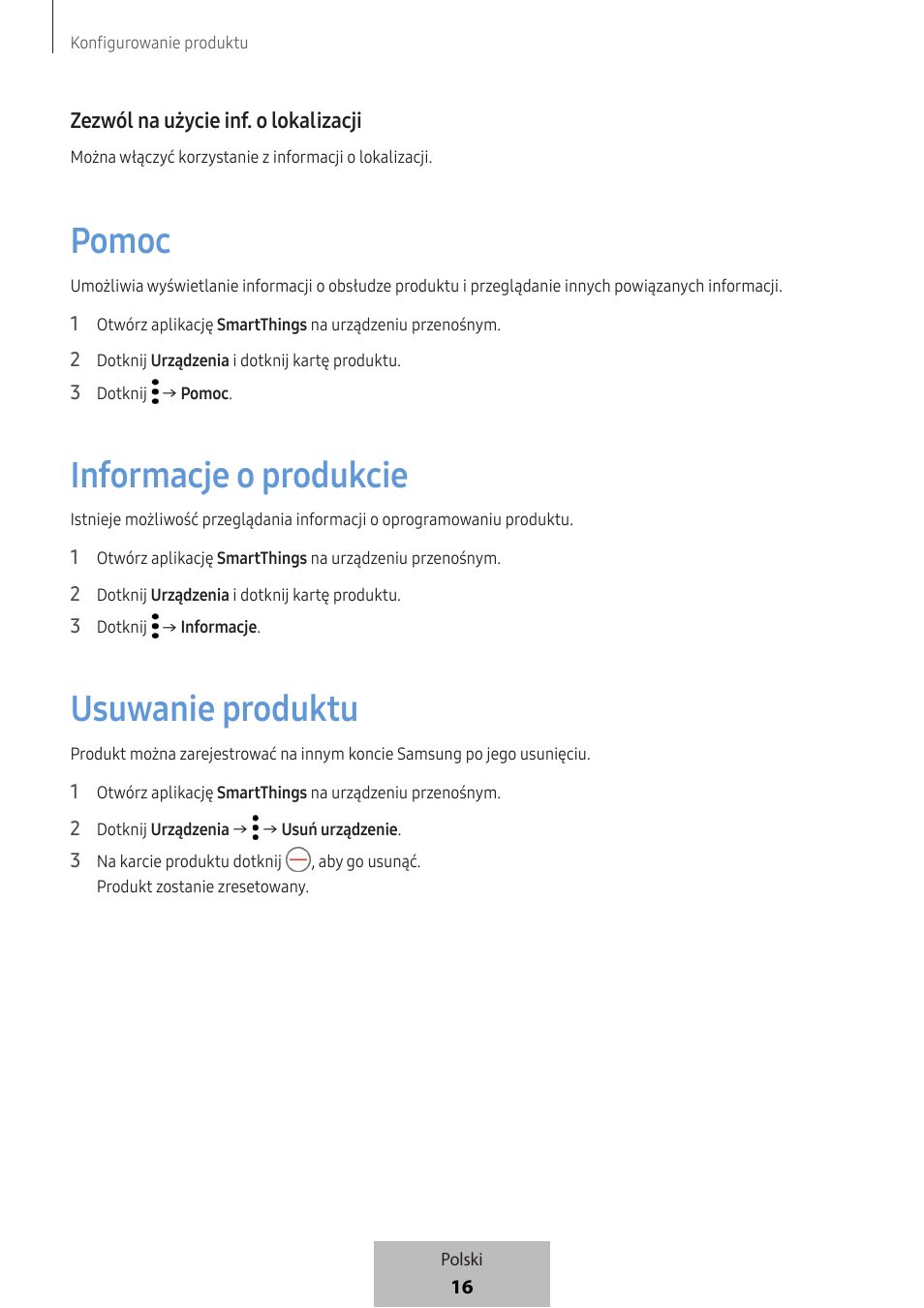 Pomoc, Informacje o produkcie, Usuwanie produktu | Samsung SmartTag2 Wireless Tracker (White) User Manual | Page 150 / 798