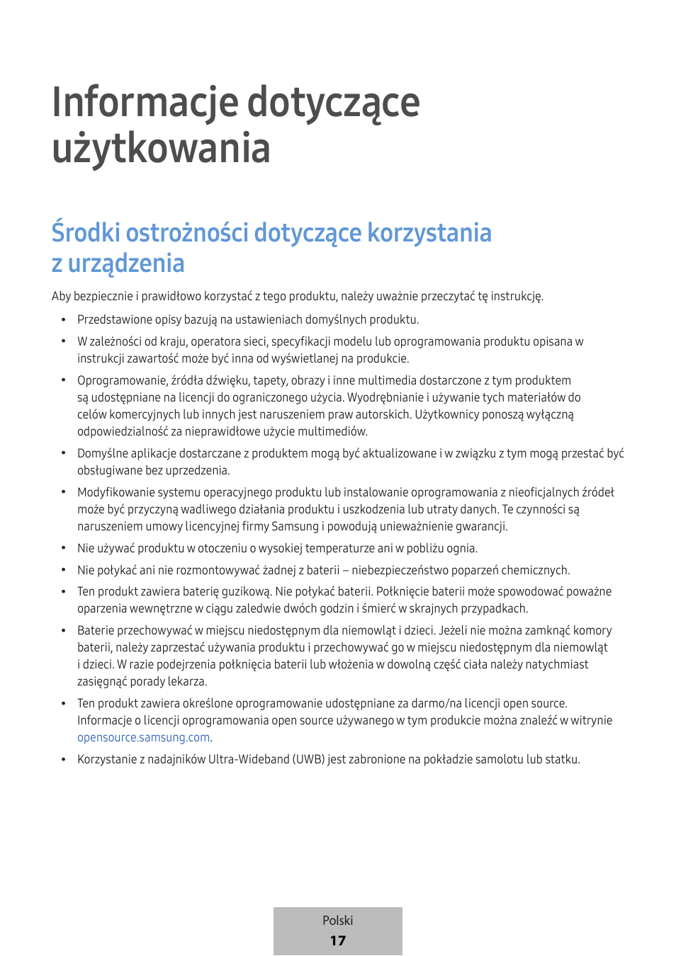 Informacje dotyczące użytkowania | Samsung SmartTag2 Wireless Tracker (White) User Manual | Page 151 / 798