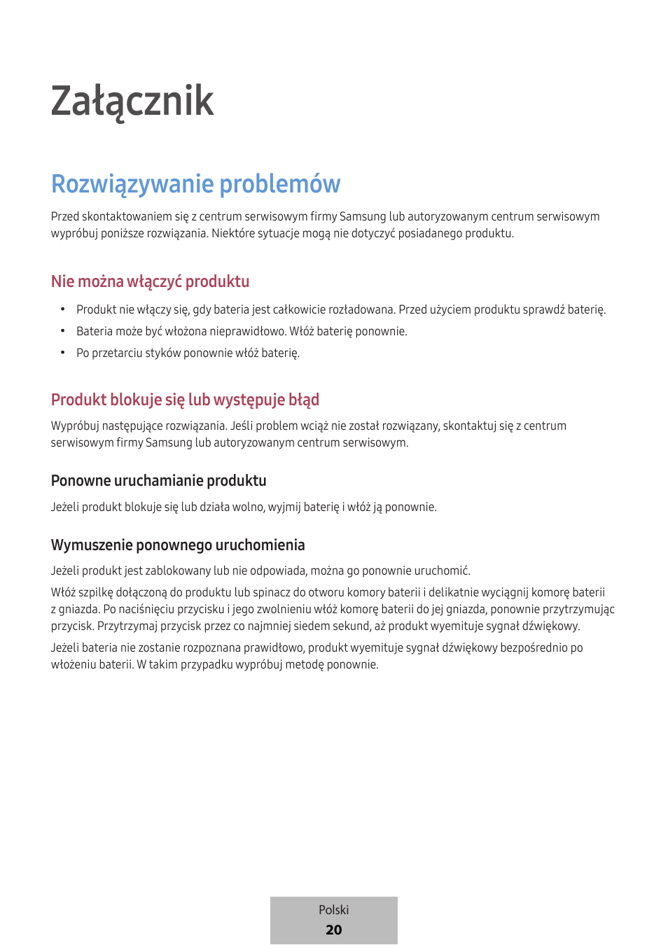 Załącznik, Rozwiązywanie problemów, Nie można włączyć produktu | Produkt blokuje się lub występuje błąd | Samsung SmartTag2 Wireless Tracker (White) User Manual | Page 154 / 798