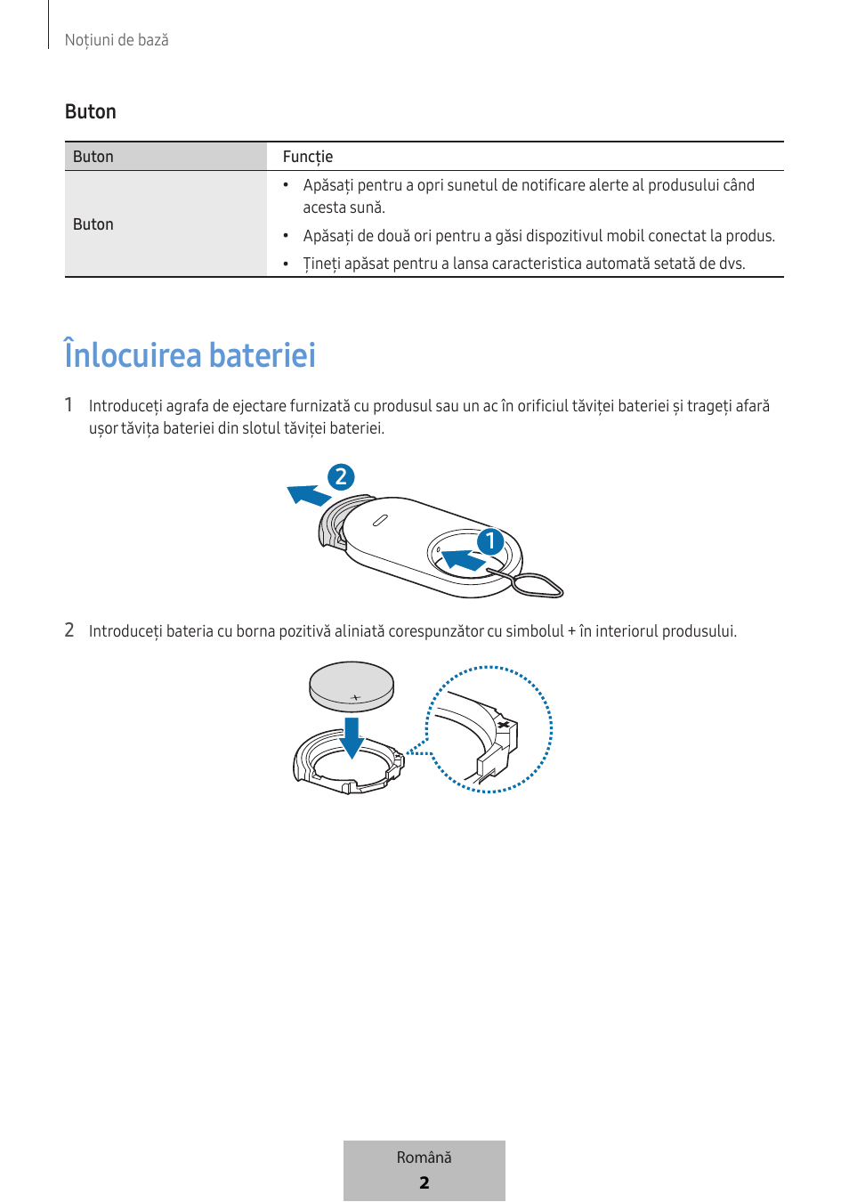 Înlocuirea bateriei, Buton | Samsung SmartTag2 Wireless Tracker (White) User Manual | Page 158 / 798