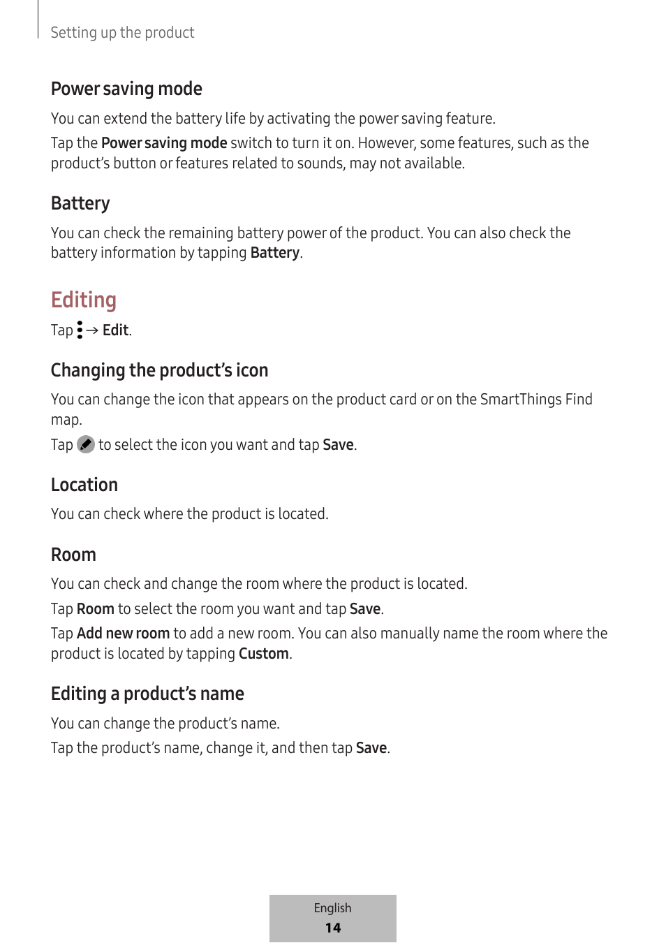 Editing, Power saving mode, Battery | Changing the product’s icon, Location, Room, Editing a product’s name | Samsung SmartTag2 Wireless Tracker (White) User Manual | Page 16 / 798