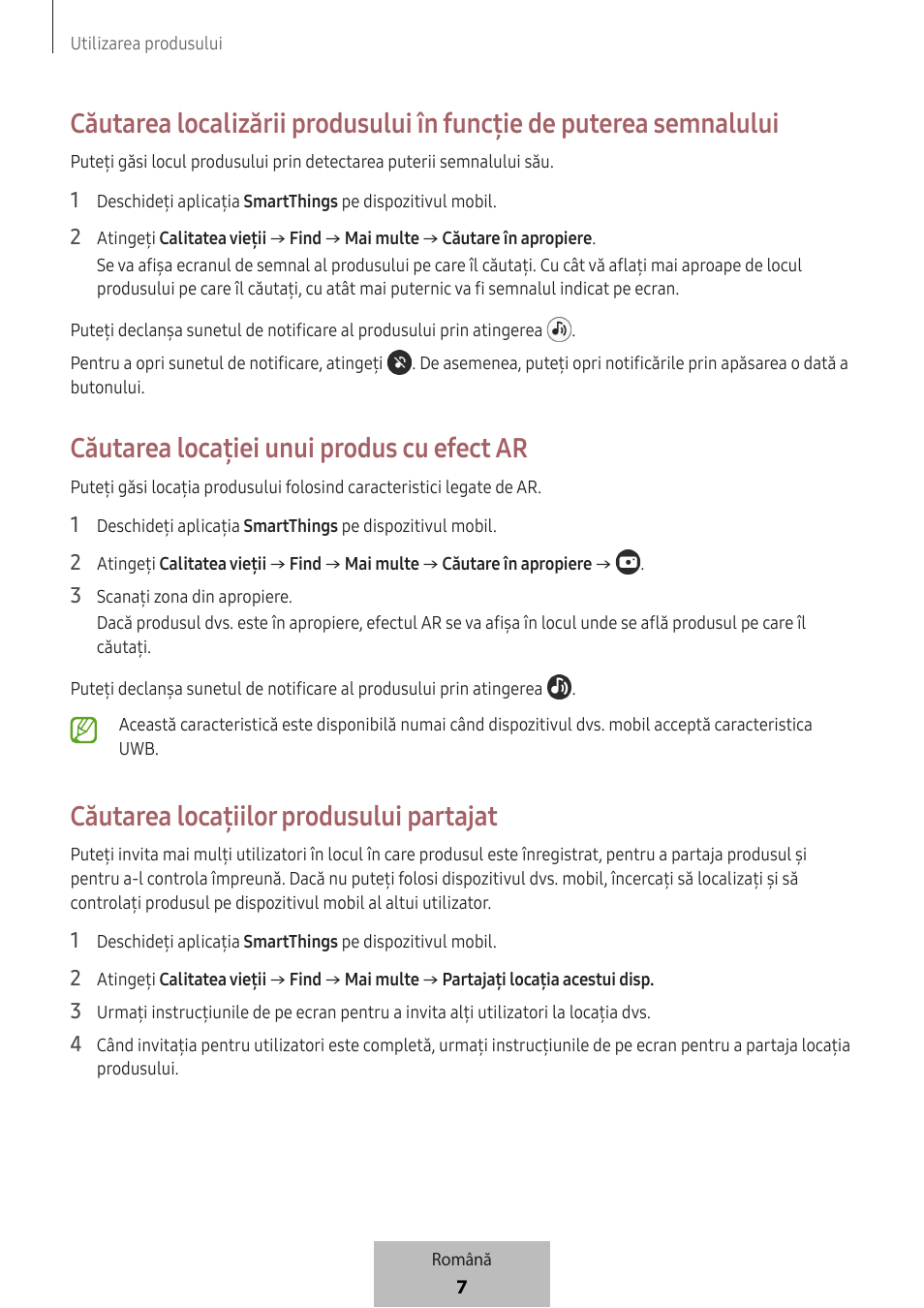 Căutarea locației unui produs cu efect ar, Căutarea locațiilor produsului partajat | Samsung SmartTag2 Wireless Tracker (White) User Manual | Page 163 / 798