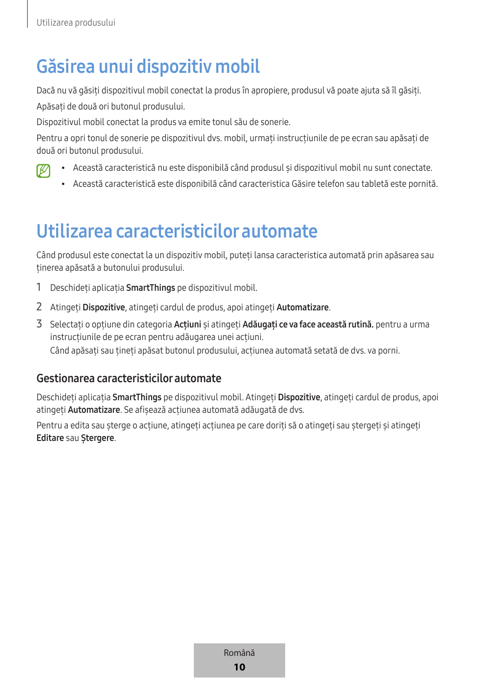 Găsirea unui dispozitiv mobil, Utilizarea caracteristicilor automate, Gestionarea caracteristicilor automate | Samsung SmartTag2 Wireless Tracker (White) User Manual | Page 166 / 798