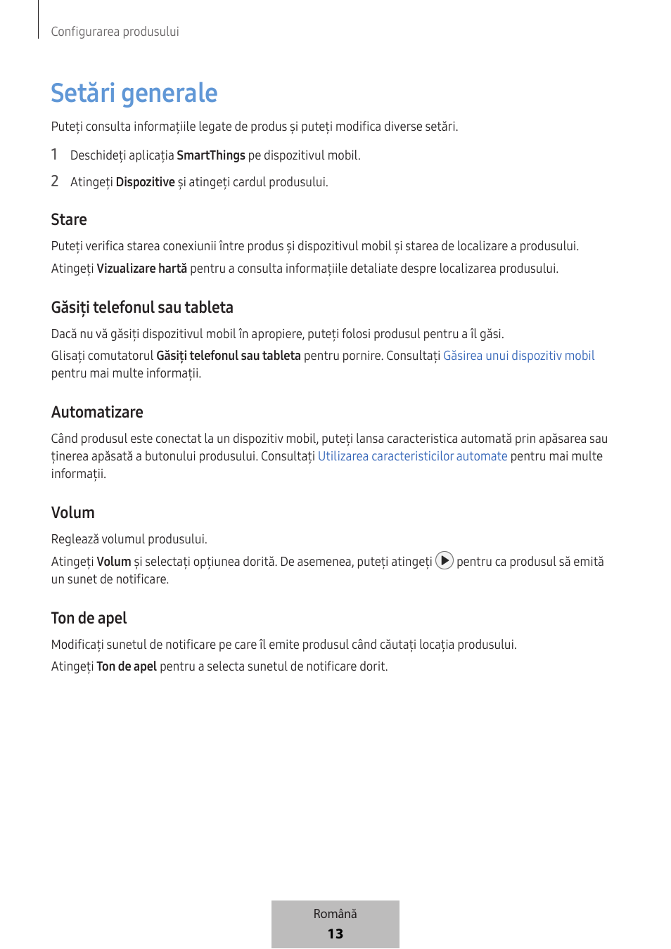 Setări generale, Stare, Găsiți telefonul sau tableta | Automatizare, Volum, Ton de apel | Samsung SmartTag2 Wireless Tracker (White) User Manual | Page 169 / 798
