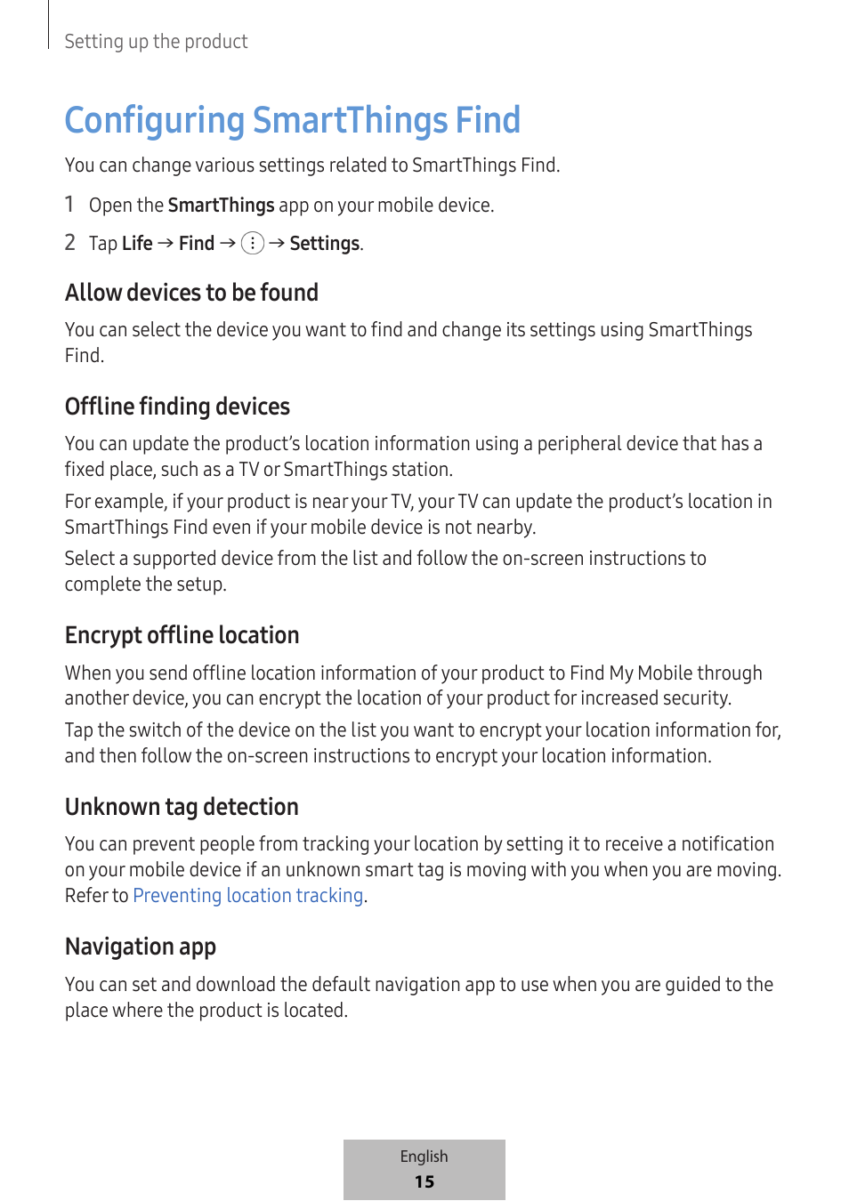 Configuring smartthings find, Allow devices to be found, Offline finding devices | Encrypt offline location, Unknown tag detection, Navigation app | Samsung SmartTag2 Wireless Tracker (White) User Manual | Page 17 / 798