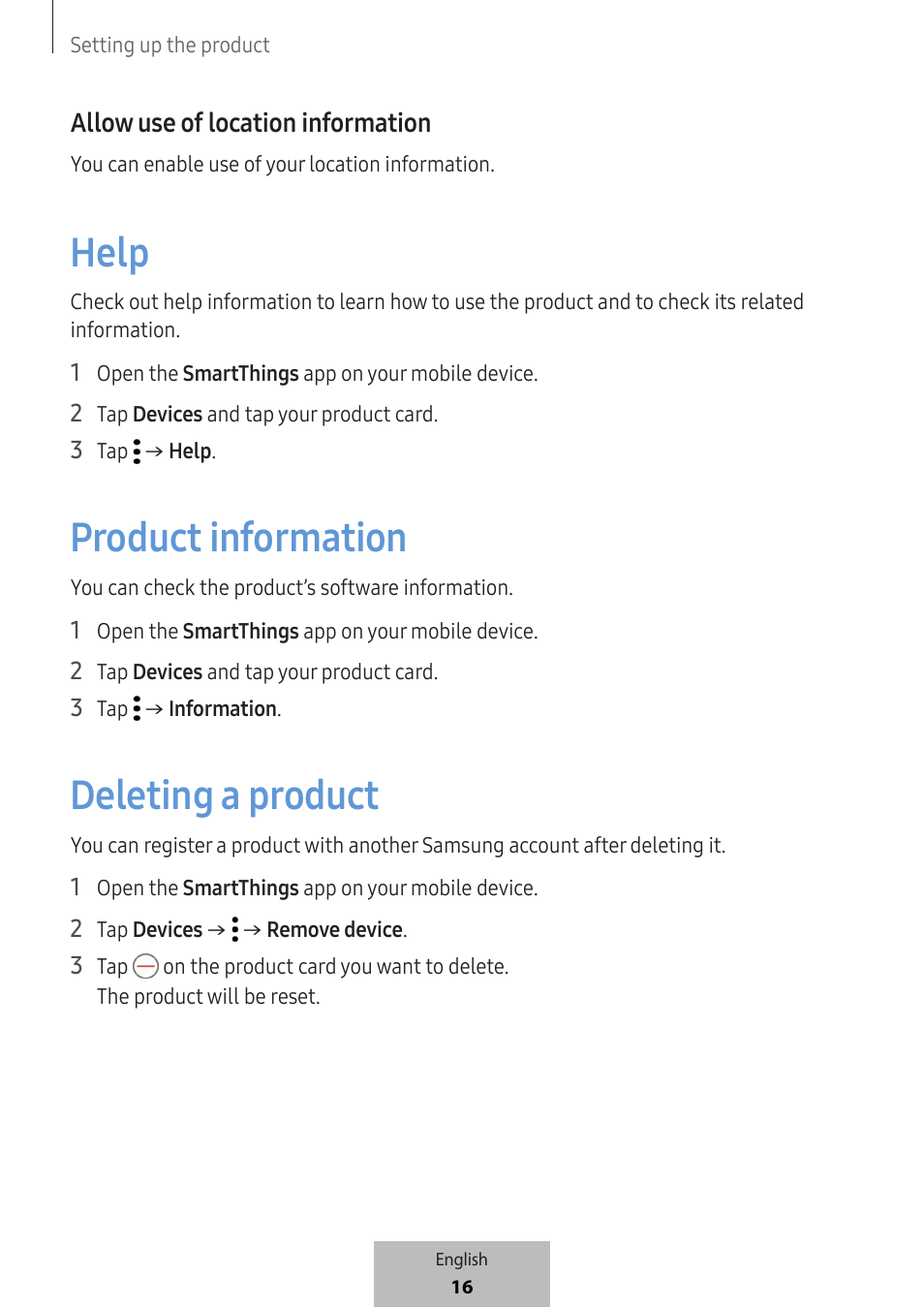 Help, Product information, Deleting a product | Allow use of location information | Samsung SmartTag2 Wireless Tracker (White) User Manual | Page 18 / 798