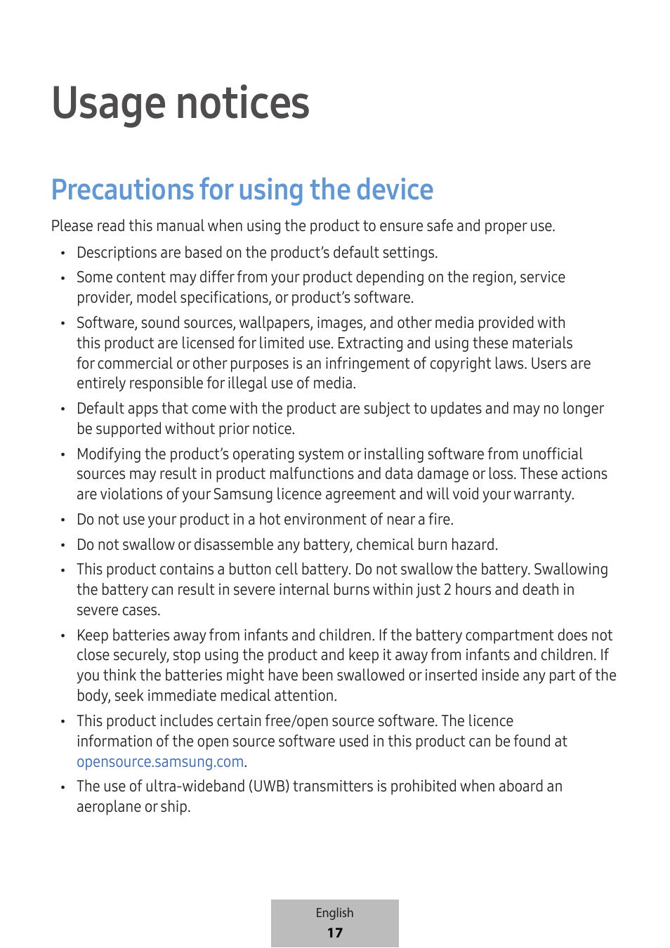 Usage notices, Precautions for using the device | Samsung SmartTag2 Wireless Tracker (White) User Manual | Page 19 / 798